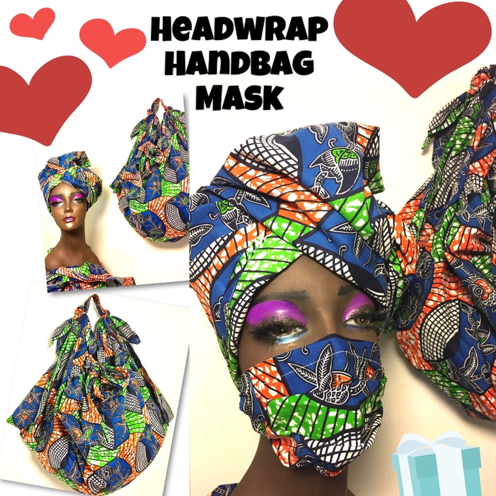 3 Piece Handbag Headwrap and Mask Set